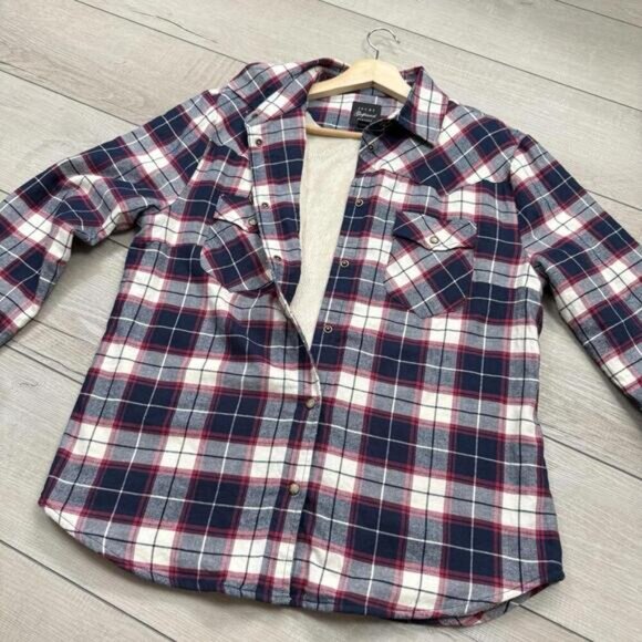 Jachs Girlfriend Sherpa Lined Flannel Shirt Overshirt Plaid Red Navy White Sz L - Picture 7 of 10